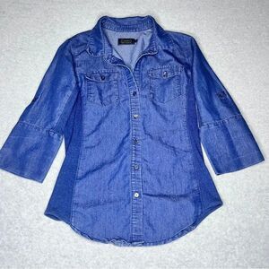 Cavalini Women’s 3/4 Sleeve Denim Shirt‎ Blue Button Up size S